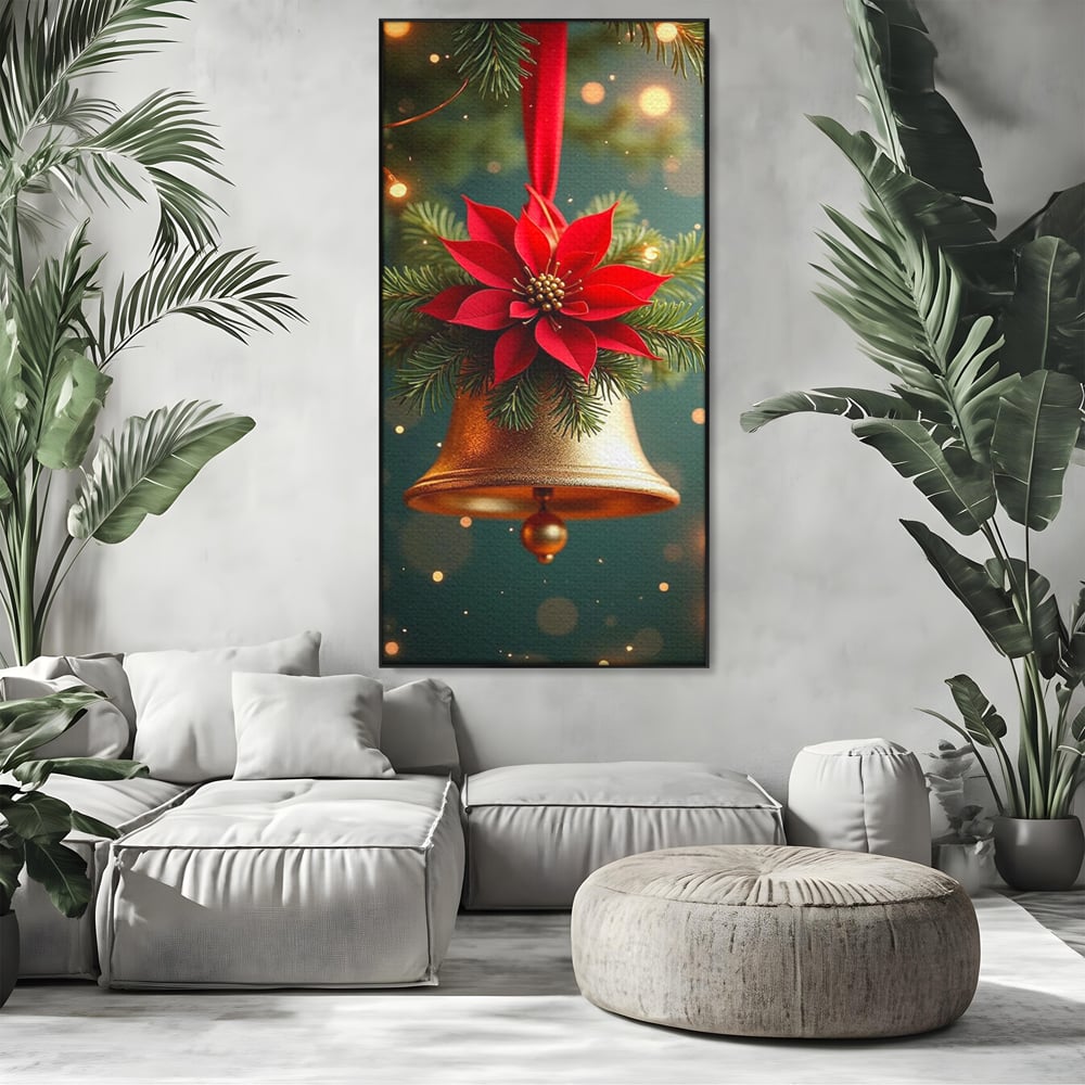 Tablou canvas cu tablou canvas cu clopotel si poinsettia, in rama de aluminiu negru, pe perete intr-un living